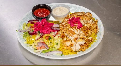 Sham Grill chicken bowl with pickled turnip, garlic sauce and hot sauce