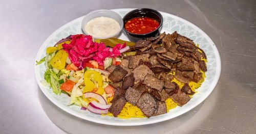 Beef shawarma plate over rice